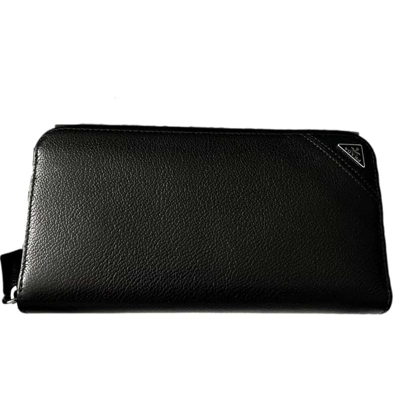 Prada Prada Vitello Micro Grain Long Black Zip Around Continental Wallet Triangle Logo Black Leather Never worn - Model View