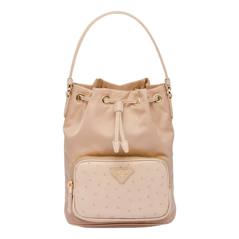 Prada Prada Duet Tessuto Nylon and Ostrich Leather Bucket Bag in Cammeo Beige Brown Leather Never worn - Front View