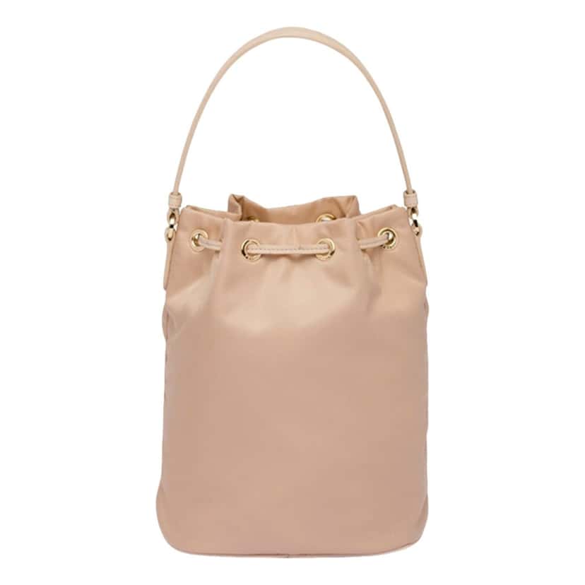 Prada Prada Duet Tessuto Nylon and Ostrich Leather Bucket Bag in Cammeo Beige Brown Leather Never worn - Back View