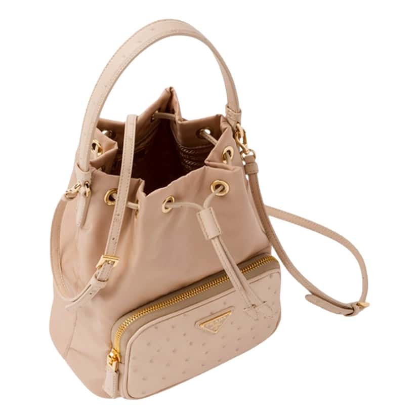 Prada Prada Duet Tessuto Nylon and Ostrich Leather Bucket Bag in Cammeo Beige Brown Leather Never worn - Inside View