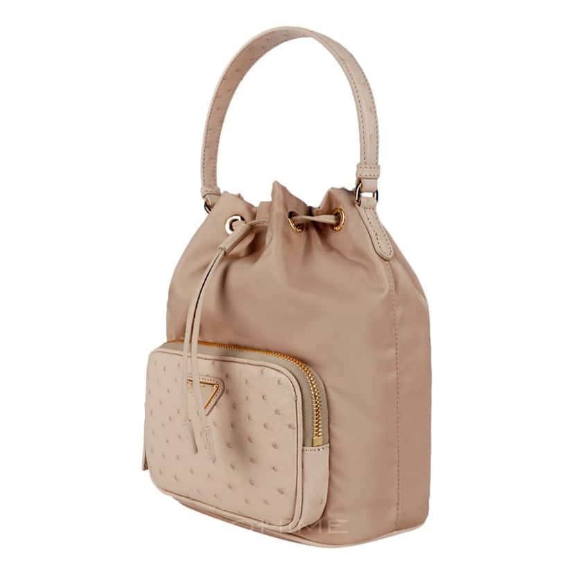 Prada Prada Duet Tessuto Nylon and Ostrich Leather Bucket Bag in Cammeo Beige Brown Leather Never worn - Model View