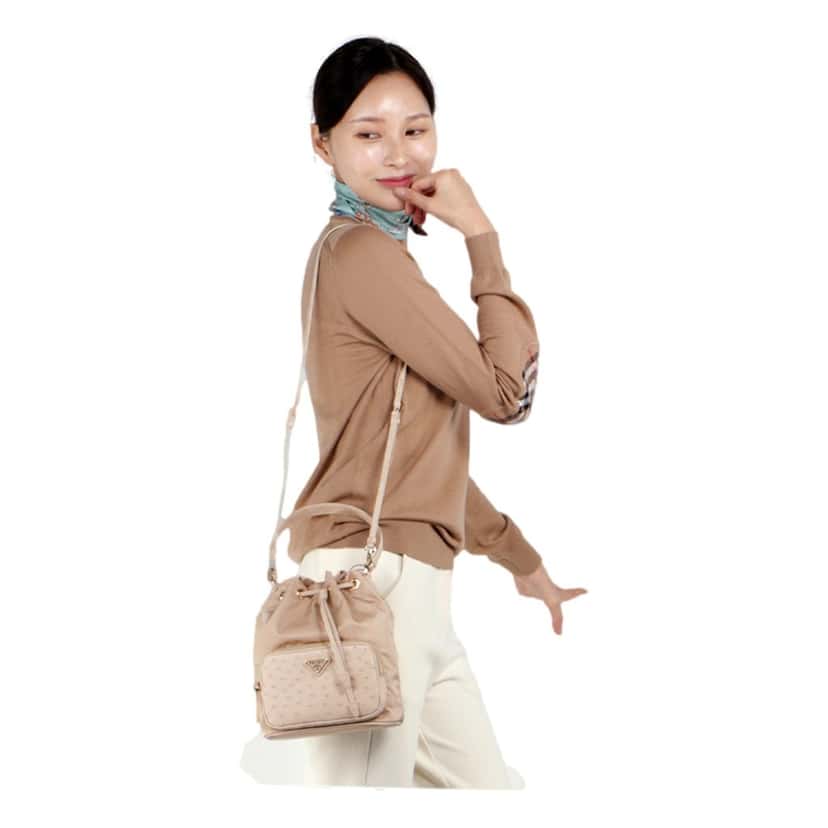 Prada Prada Duet Tessuto Nylon and Ostrich Leather Bucket Bag in Cammeo Beige Brown Leather Never worn - Box View