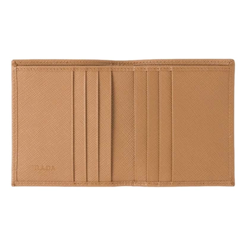 Prada Prada Caramel Saffiano Leather Silver Triangle Logo Bifold Card Holder Wallet Beige Leather Never worn - Model View