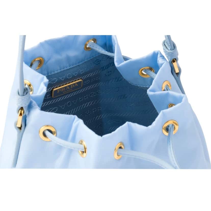 Prada Prada Duet Tessuto Nylon Ostrich Leather Cielo Blue Bucket Bag Blue Leather Never worn - Inside View