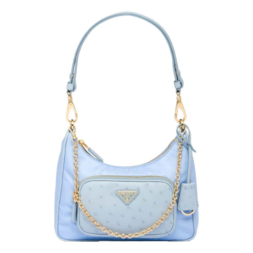 Prada Prada 2Way Tessuto Nylon and Ostrich Leather Shoulder Handbag in Cielo Blue Blue Leather Never worn - Front View