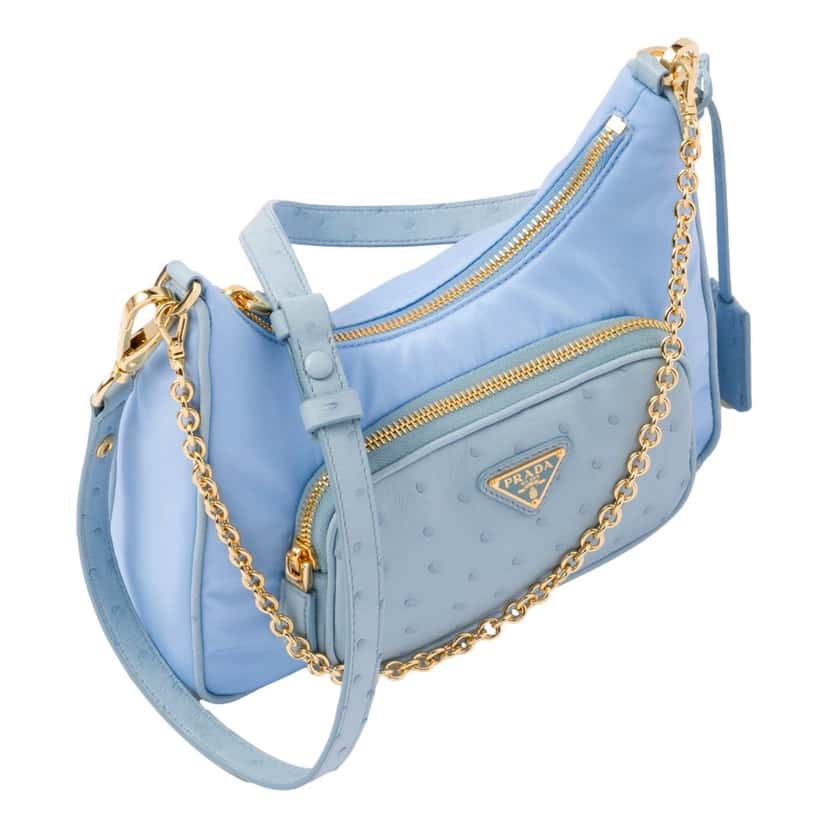 Prada Prada 2Way Tessuto Nylon and Ostrich Leather Shoulder Handbag in Cielo Blue Blue Leather Never worn - Inside View
