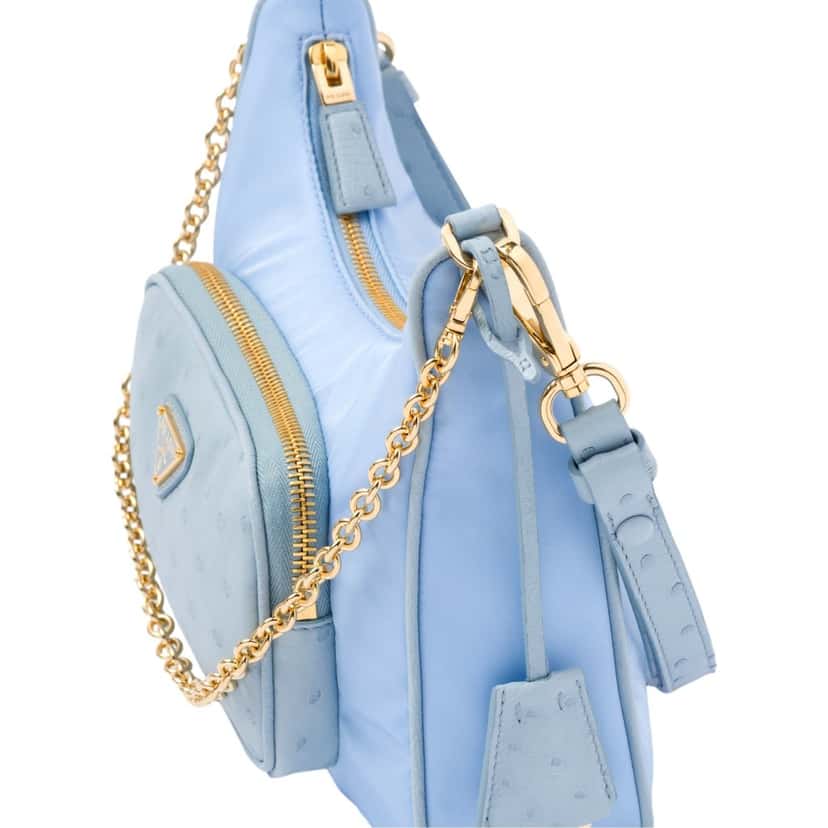Prada Prada 2Way Tessuto Nylon and Ostrich Leather Shoulder Handbag in Cielo Blue Blue Leather Never worn - Model View