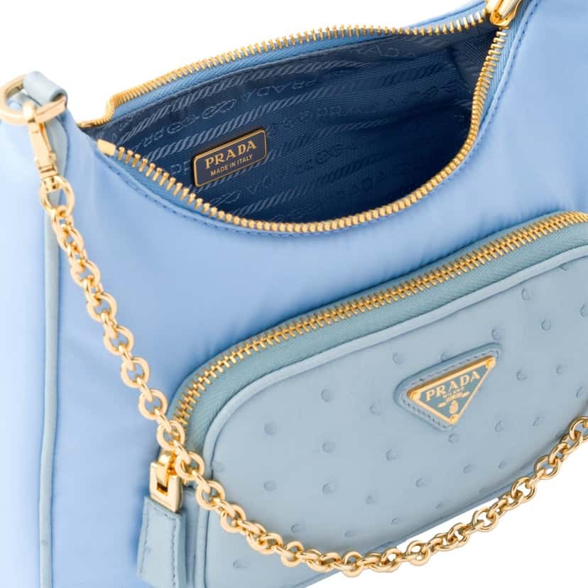 Prada Prada 2Way Tessuto Nylon and Ostrich Leather Shoulder Handbag in Cielo Blue Blue Leather Never worn - Box View