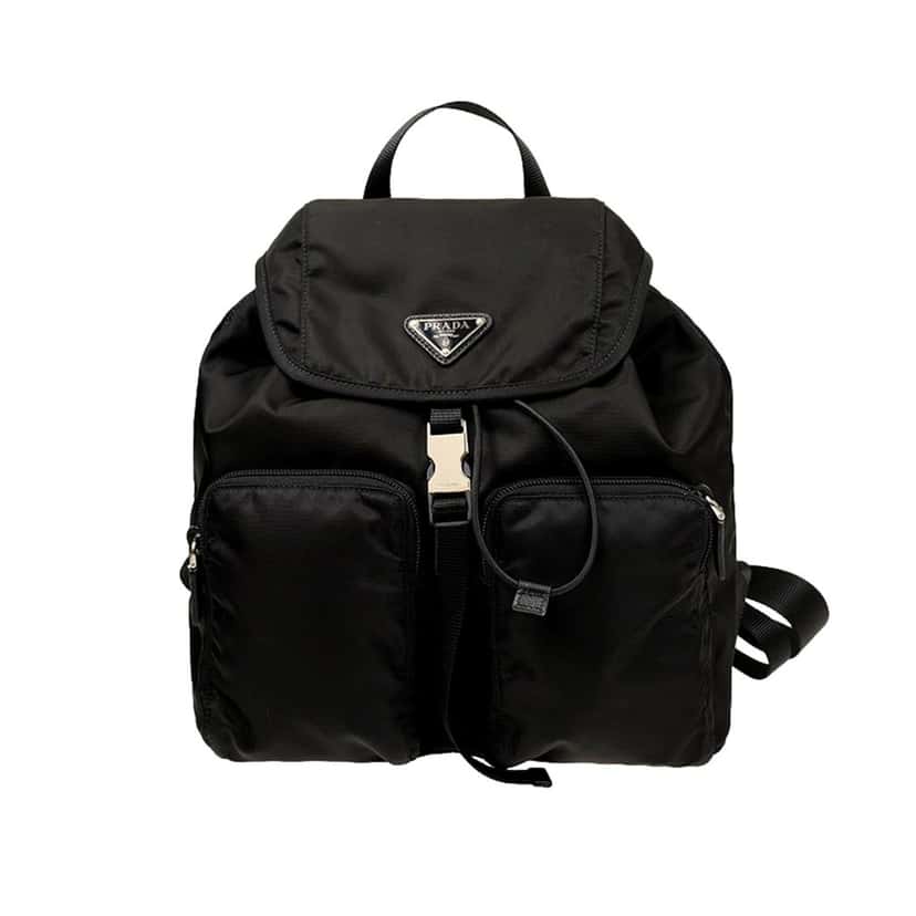 Prada Prada Re-Nylon and Saffiano Leather Trim Medium Drawstring Rucksack Backpack in Black Black Leather Never worn - Front View