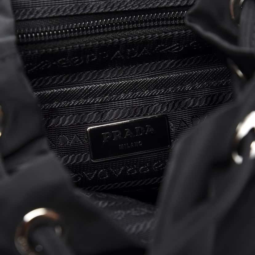 Prada Prada Re-Nylon and Saffiano Leather Trim Medium Drawstring Rucksack Backpack in Black Black Leather Never worn - Box View