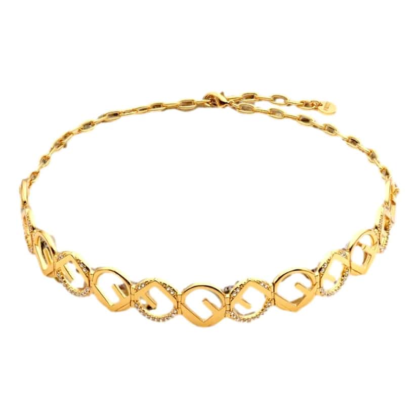 Fendi Fendi F is Fendi Logo Choker Necklace White Crystal Gold Metal Chain Gold Lace Never worn - Front View