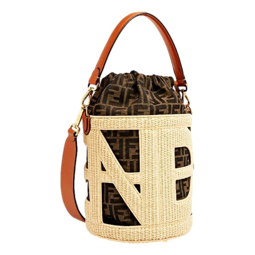 Fendi Fendi Step Out Straw and Canvas Medium Shoulder Bucket Bag Beige Canvas Never worn - Back View