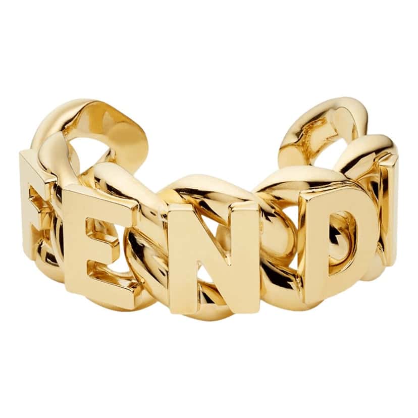 Fendi Fendi Fendigraphy Chunky Gold Tone Logo Link Cuff Bracelet Polished Gold Gold Never worn - Front View
