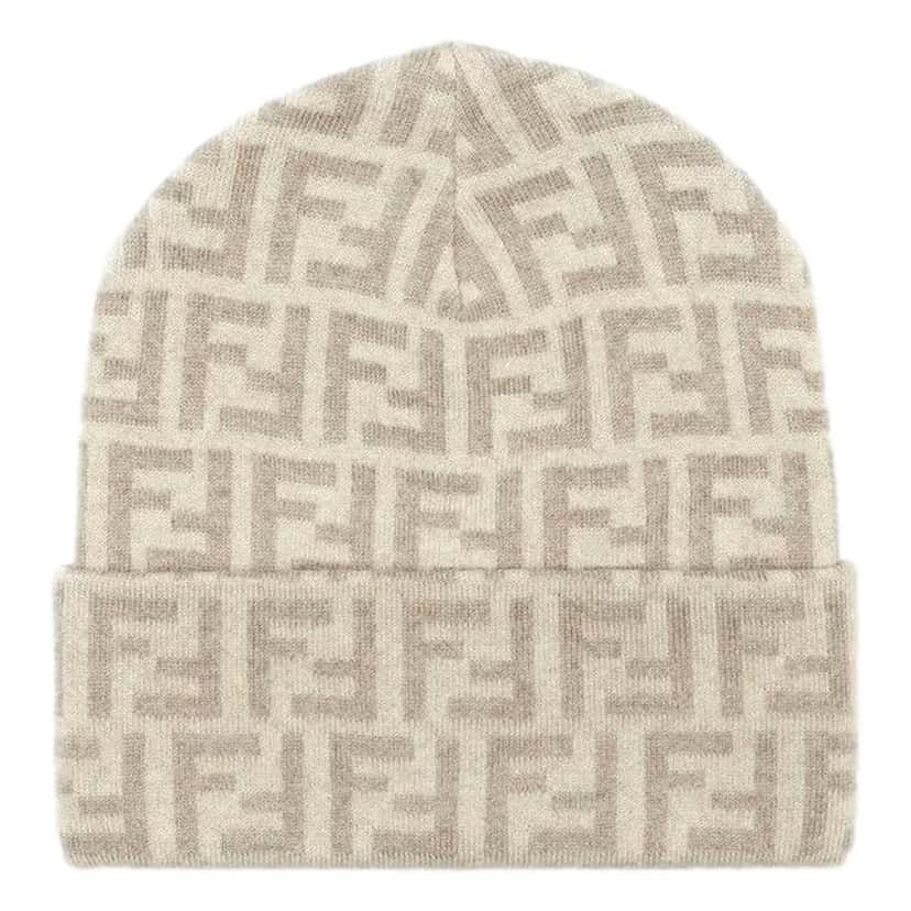 Fendi Fendi FF Logo Knit Beanie Hat Beige Wool Blend Brown Canvas Never worn - Front View