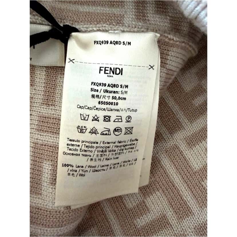 Fendi Fendi FF Logo Knit Beanie Hat Beige Wool Blend Brown Canvas Never worn - Back View