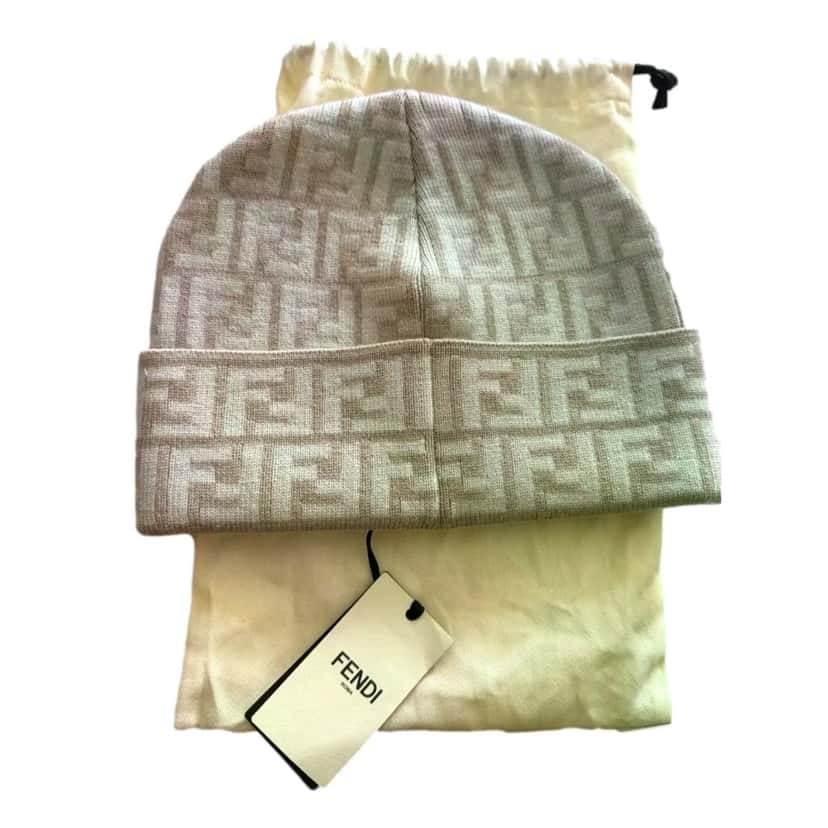 Fendi Fendi FF Logo Knit Beanie Hat Beige Wool Blend Brown Canvas Never worn - Inside View