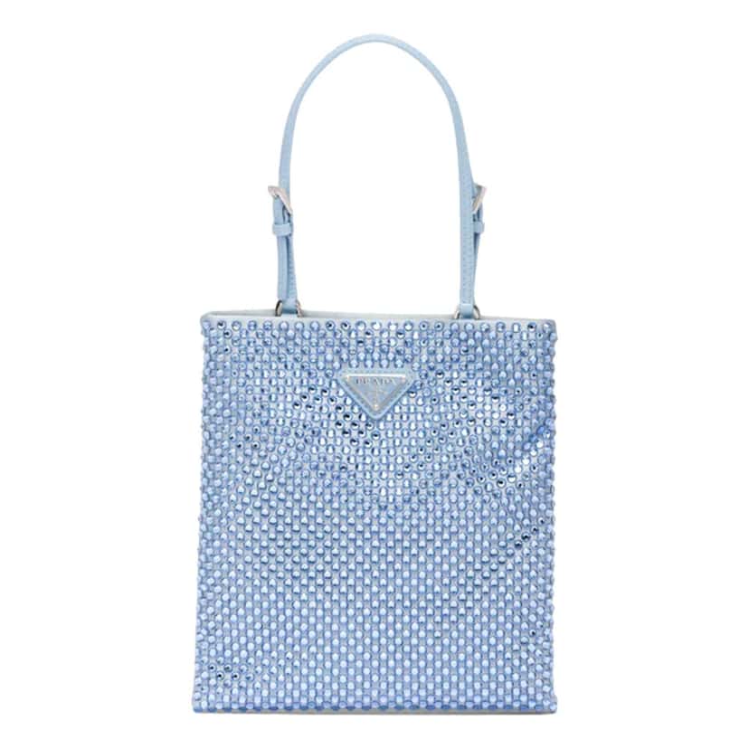 Prada Prada Mini Satin Crystal Embellished Double Handle Crossbody Handbag Light Blue Blue Satin Never worn - Front View