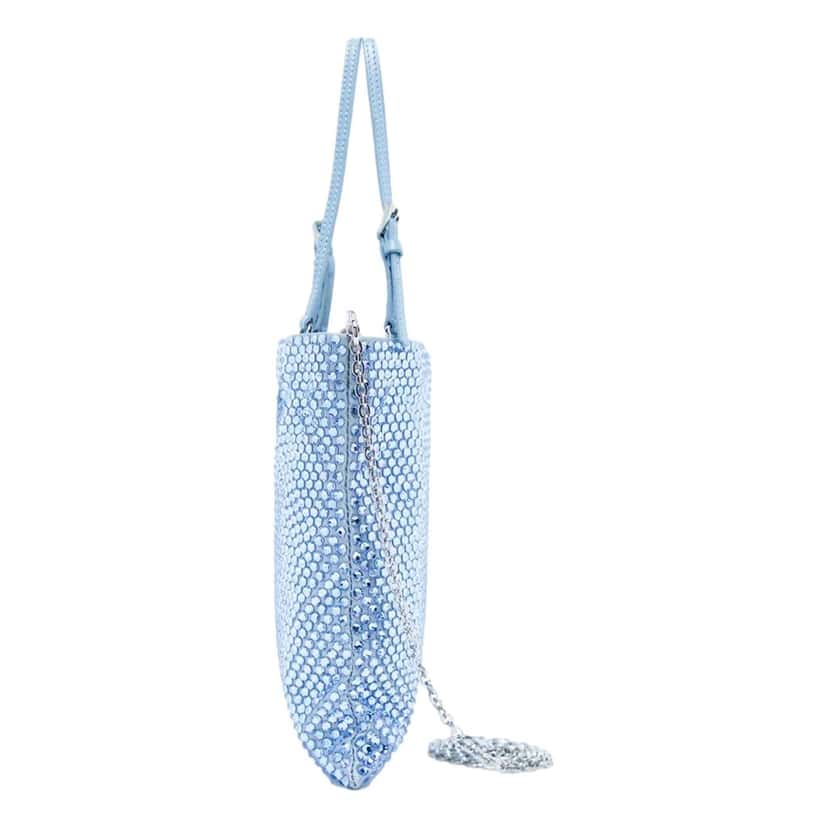 Prada Prada Mini Satin Crystal Embellished Double Handle Crossbody Handbag Light Blue Blue Satin Never worn - Model View