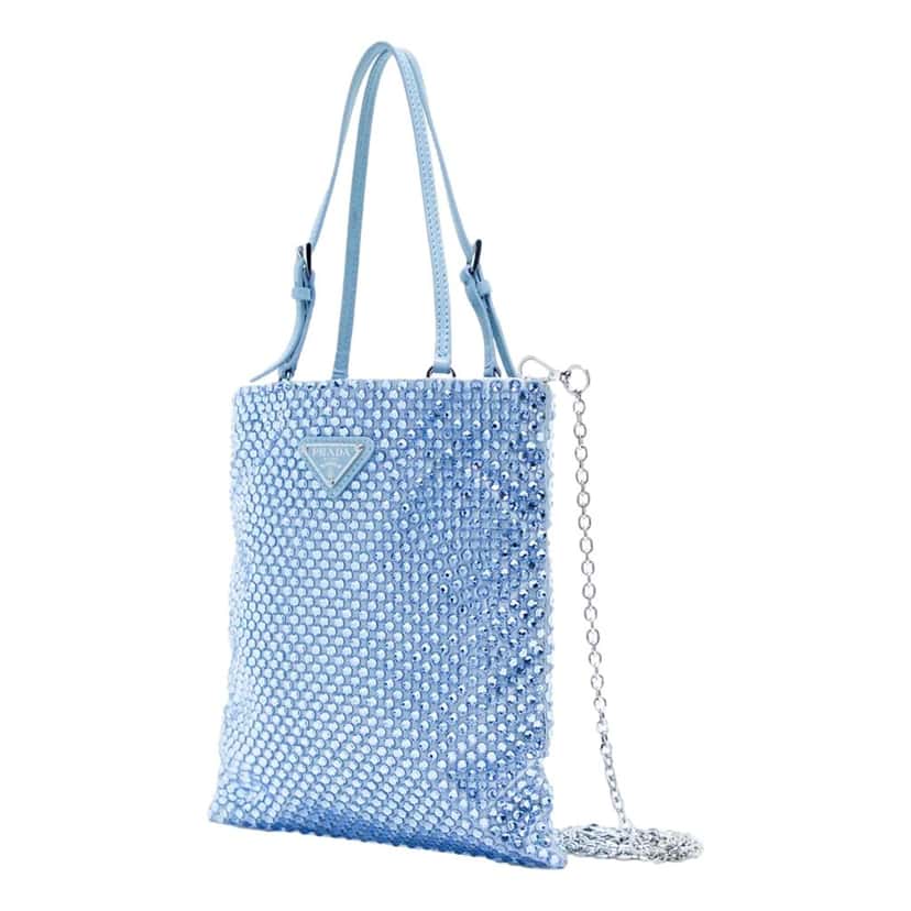Prada Prada Mini Satin Crystal Embellished Double Handle Crossbody Handbag Light Blue Blue Satin Never worn - Box View
