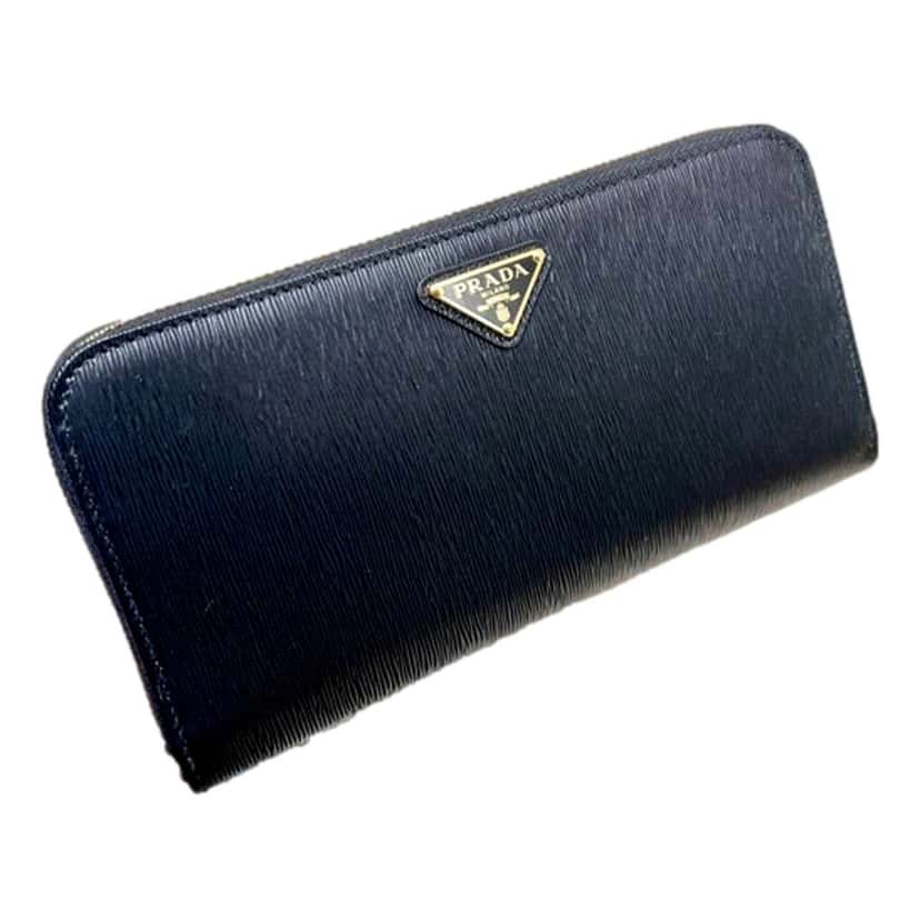 Prada Prada Vitello Move Nero Black Leather Zip Around Long Wallet Gold Triangle Logo Beige Leather Never worn - Front View