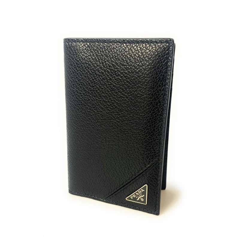 Prada Prada Vitello Grain Black Leather Triangle Logo Vertical Bifold Wallet Black Leather Never worn - Front View