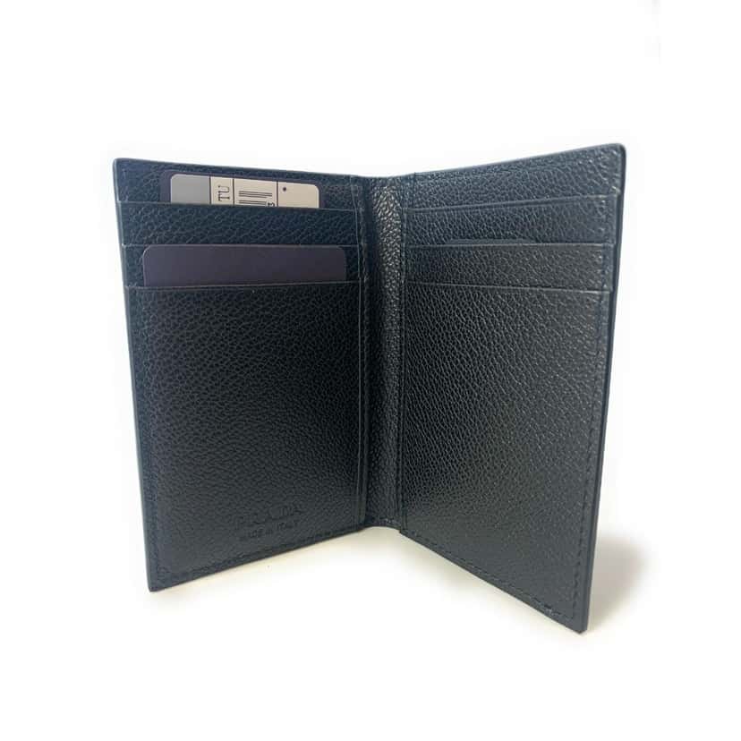 Prada Prada Vitello Grain Black Leather Triangle Logo Vertical Bifold Wallet Black Leather Never worn - Model View