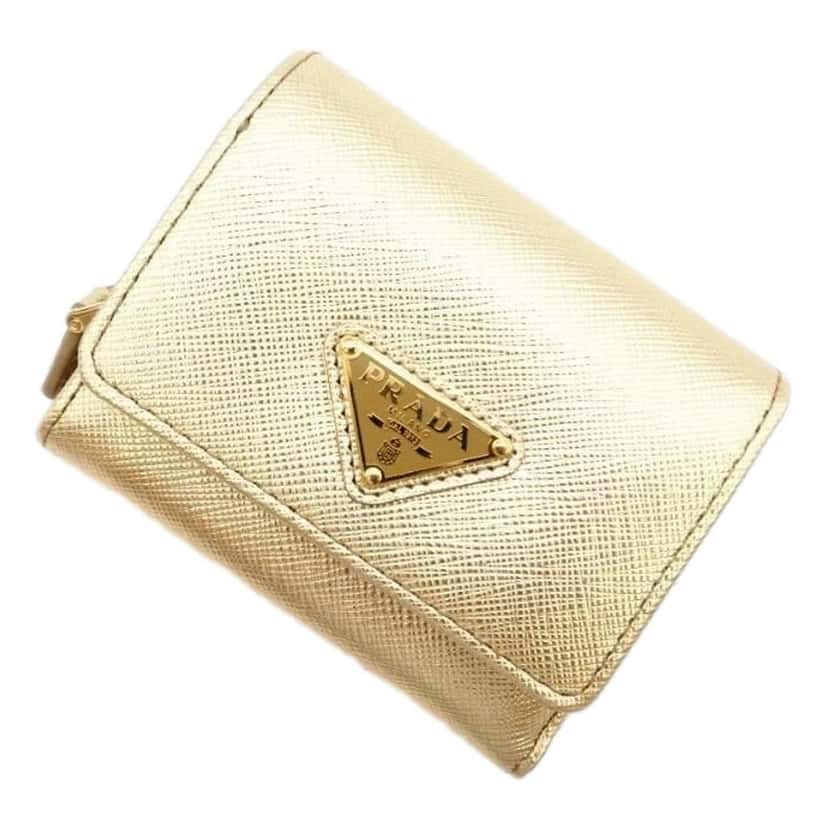 Prada Prada Saffiano Platino Gold Trifold Wallet Card Case with Zipper Coin Pouch Yellow Leather Never worn - Front View