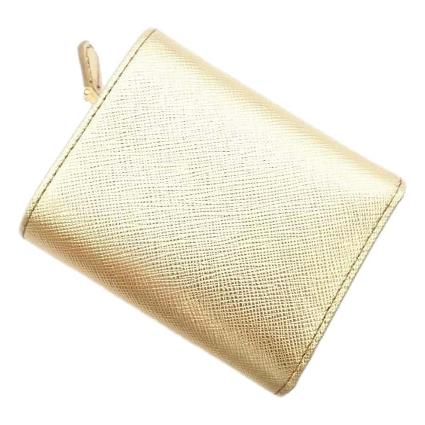 Prada Prada Saffiano Platino Gold Trifold Wallet Card Case with Zipper Coin Pouch Yellow Leather Never worn - Back View
