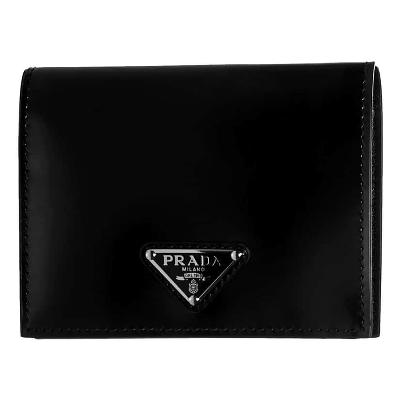 Prada Prada Bifold Black Polished Leather Triangle Logo Card Holder Wallet Black Leather Never worn - Front View