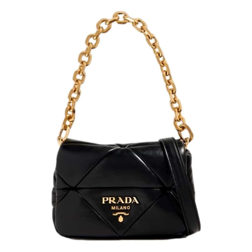 Prada Prada Gold Logo Black Quilted Nappa Patch Leather Small Shoulder Bag Black Leather Never worn - Front View