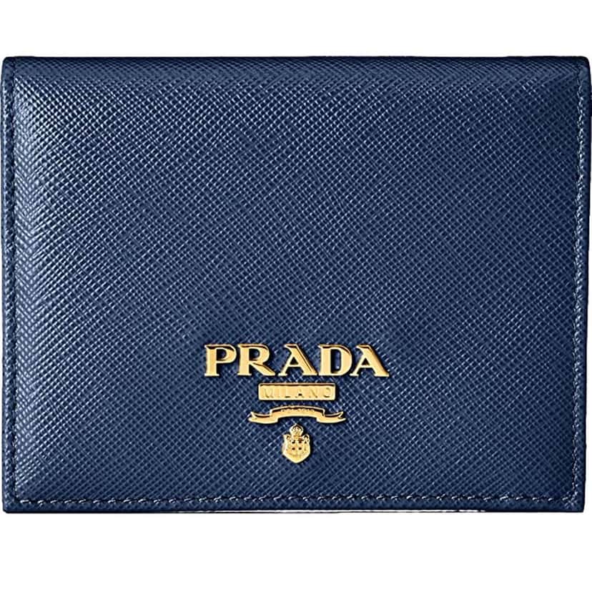 Prada Prada Saffiano Baltico Blue Leather Gold Logo Bifold Snap Wallet Gold Leather Never worn - Front View