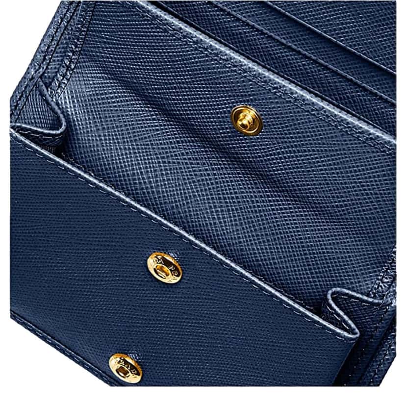 Prada Prada Saffiano Baltico Blue Leather Gold Logo Bifold Snap Wallet Gold Leather Never worn - Model View