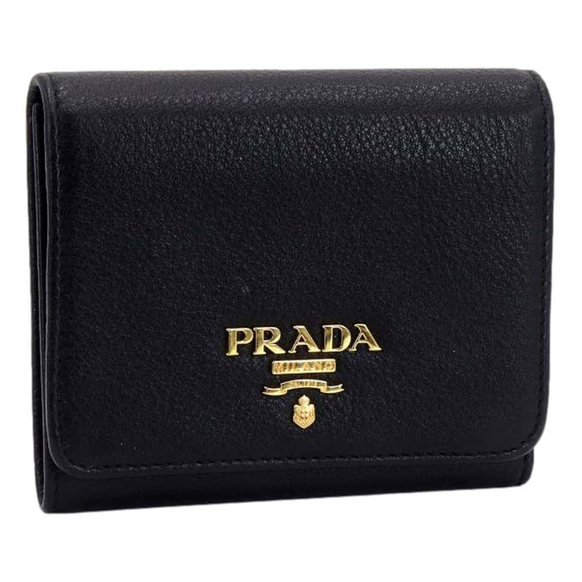 Prada Prada Vitello Grain Black Trifold Compact Wallet Leather Logo Plaque Black Leather Never worn - Front View