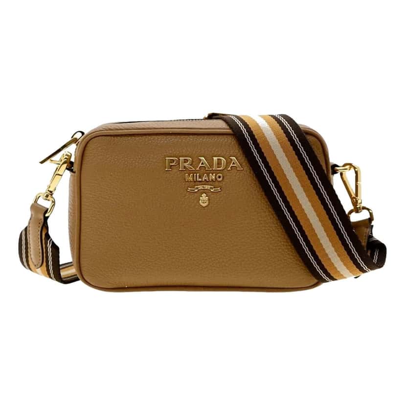 Prada Prada Tan Caramel Pebbled Leather Crossbody Bag Web Stripe Strap Gold Hardware Brown Leather Never worn - Back View