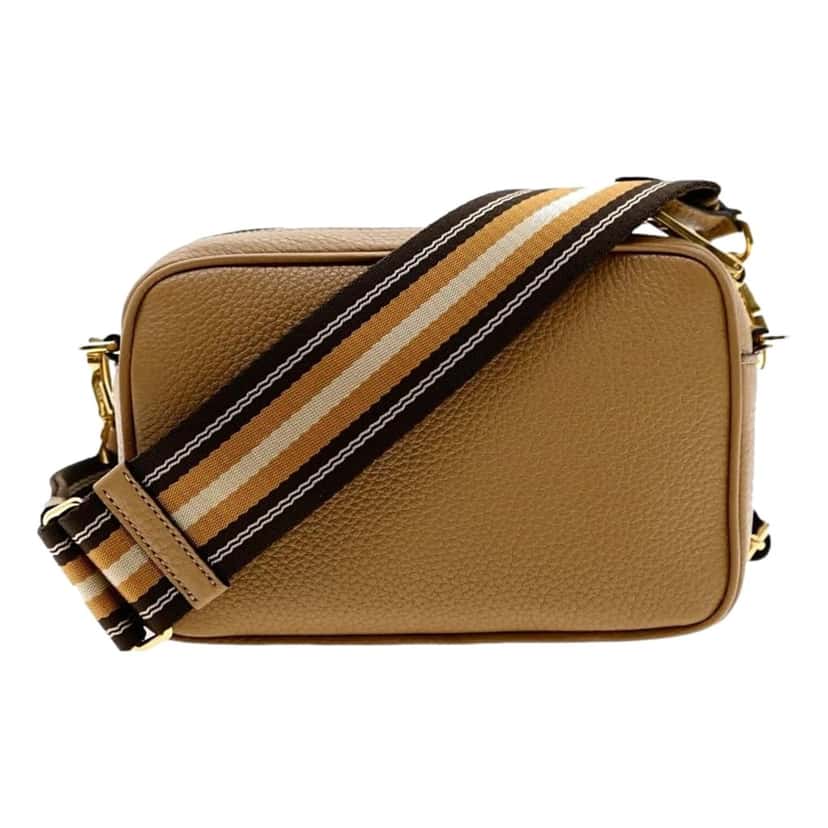 Prada Prada Tan Caramel Pebbled Leather Crossbody Bag Web Stripe Strap Gold Hardware Brown Leather Never worn - Inside View