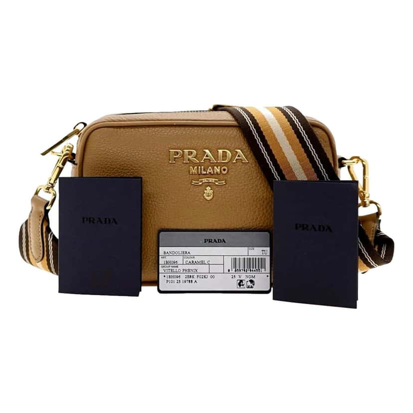 Prada Prada Tan Caramel Pebbled Leather Crossbody Bag Web Stripe Strap Gold Hardware Brown Leather Never worn - Model View