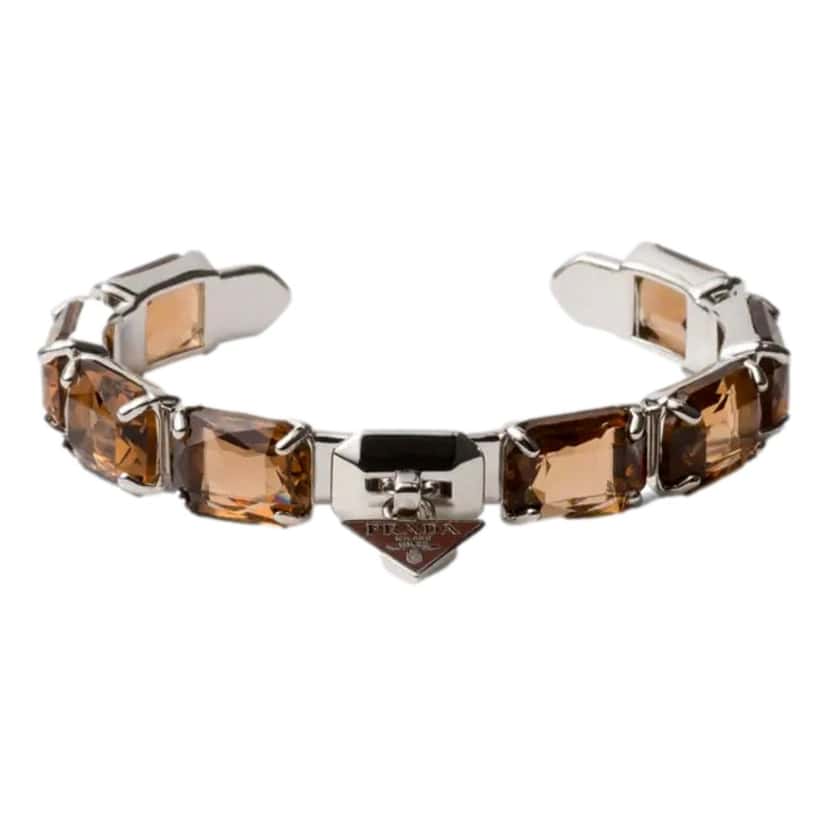 Prada Prada Triangolo Silver Tone Brown Crystal Cuff Bracelet Triangle Logo Silver Never worn - Front View