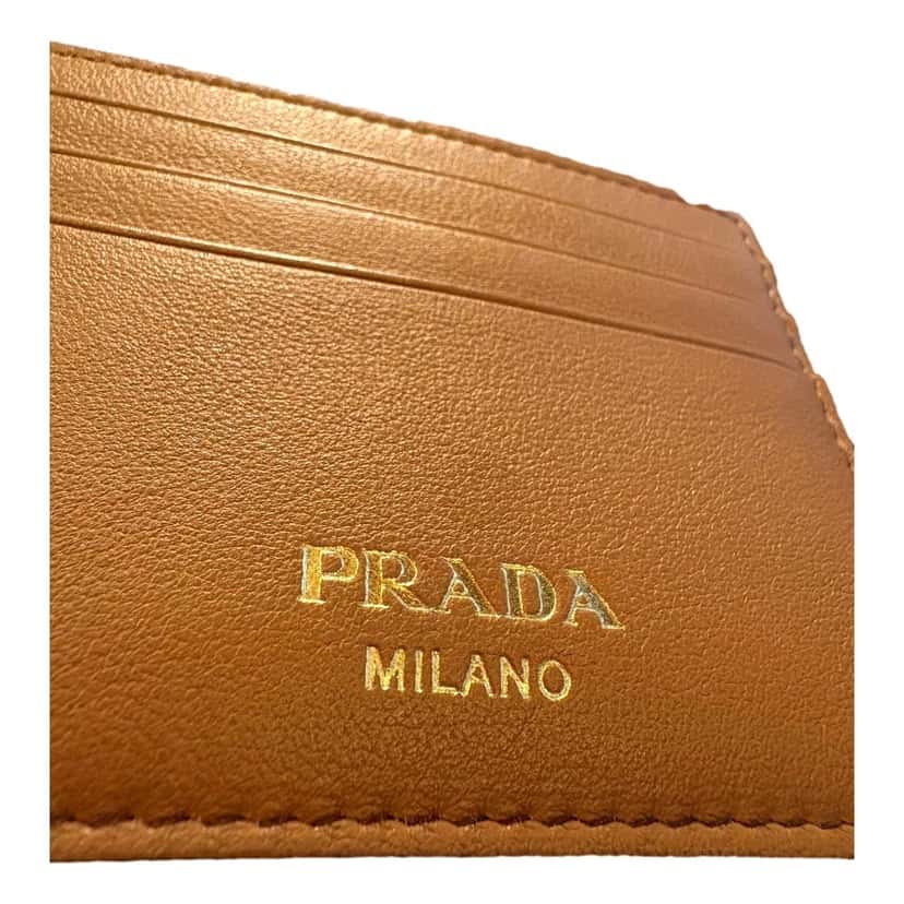 Prada Prada Caramel Soft Grain Leather Gold Embossed Logo Card Holder Wallet Brown Leather Never worn - Model View