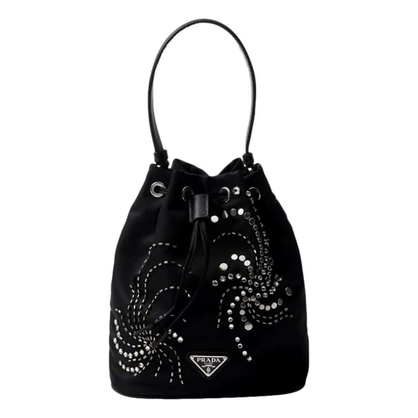 Prada Prada Re-Nylon Mini Drawstring Bucket Bag Black Beaded Embroidered Black Never worn - Front View