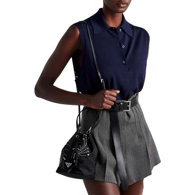 Prada Prada Re-Nylon Mini Drawstring Bucket Bag Black Beaded Embroidered Black Never worn - Model View