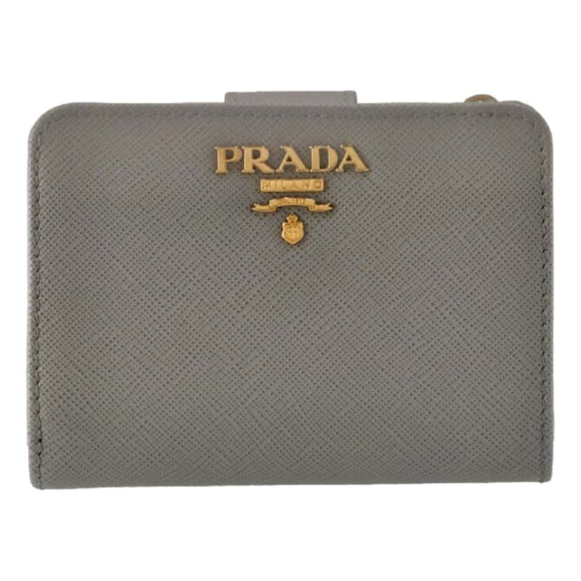 Prada Prada Vitello Grain Argilla Grey Leather Small Wallet with Zipper Gold Plaque Logo Grey Leather Never worn - Front View