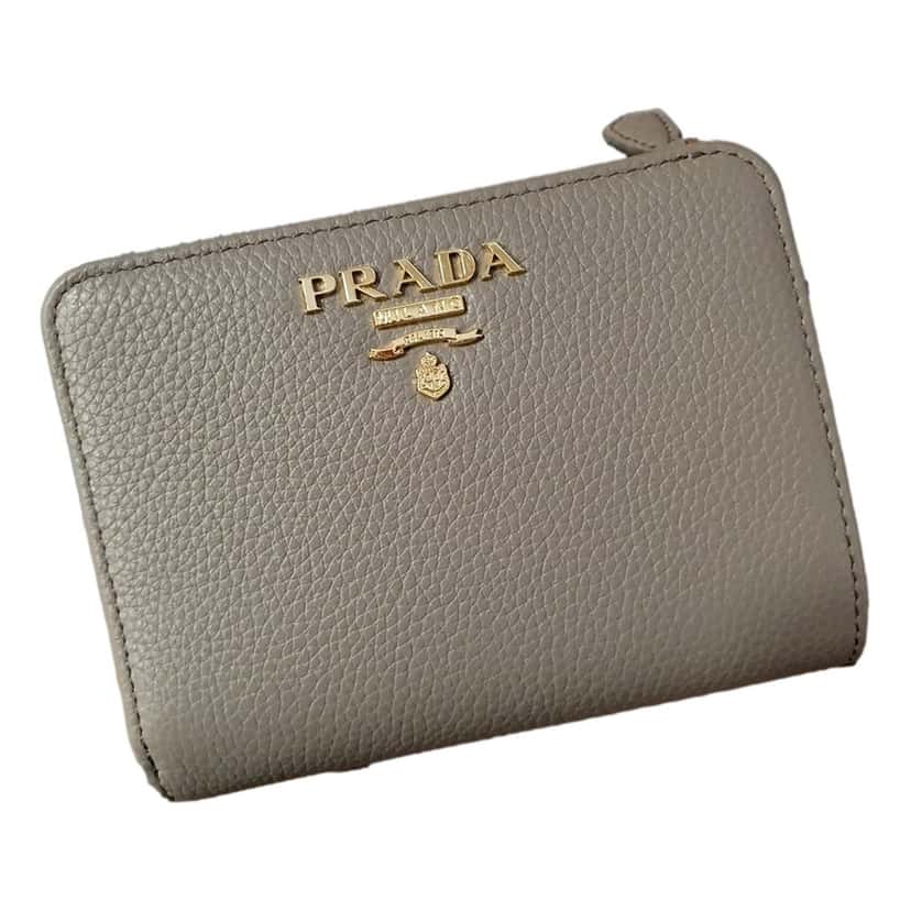 Prada Prada Vitello Grain Argilla Grey Leather Small Wallet with Zipper Gold Plaque Logo Grey Leather Never worn - Back View