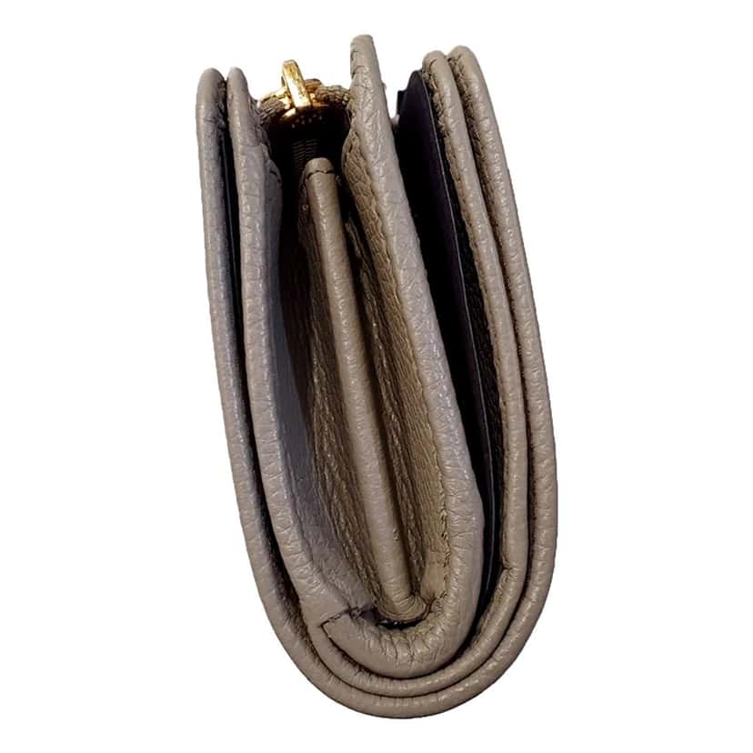 Prada Prada Vitello Grain Argilla Grey Leather Small Wallet with Zipper Gold Plaque Logo Grey Leather Never worn - Model View