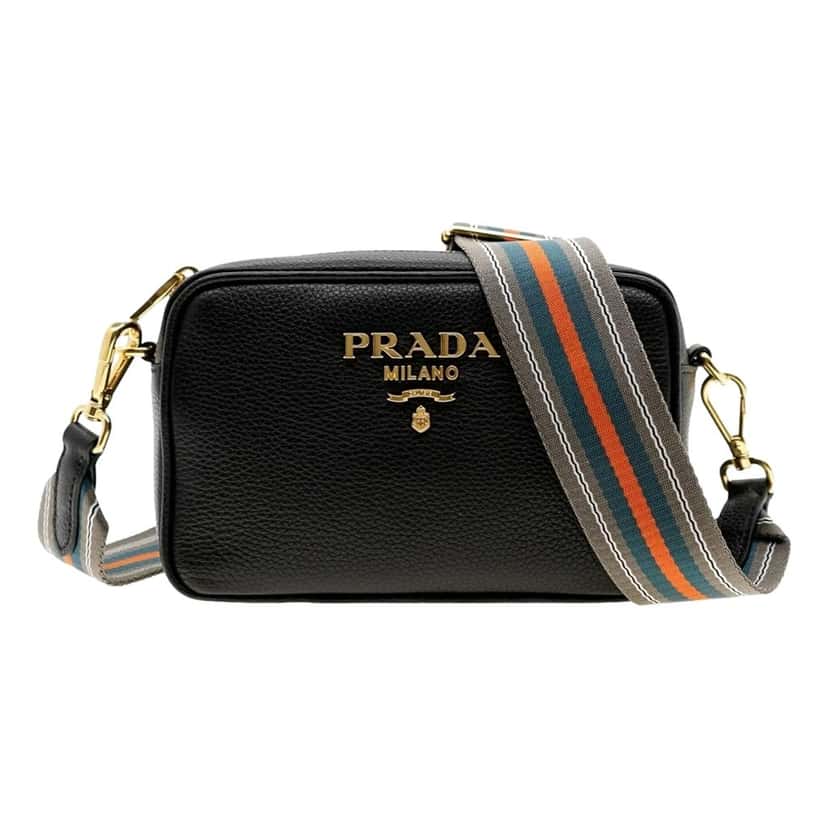 Prada Prada Vitello Phenix Leather Crossbody Bag in Black with Gold Hardware and Web Stripe Strap Black Leather Never worn - Front View