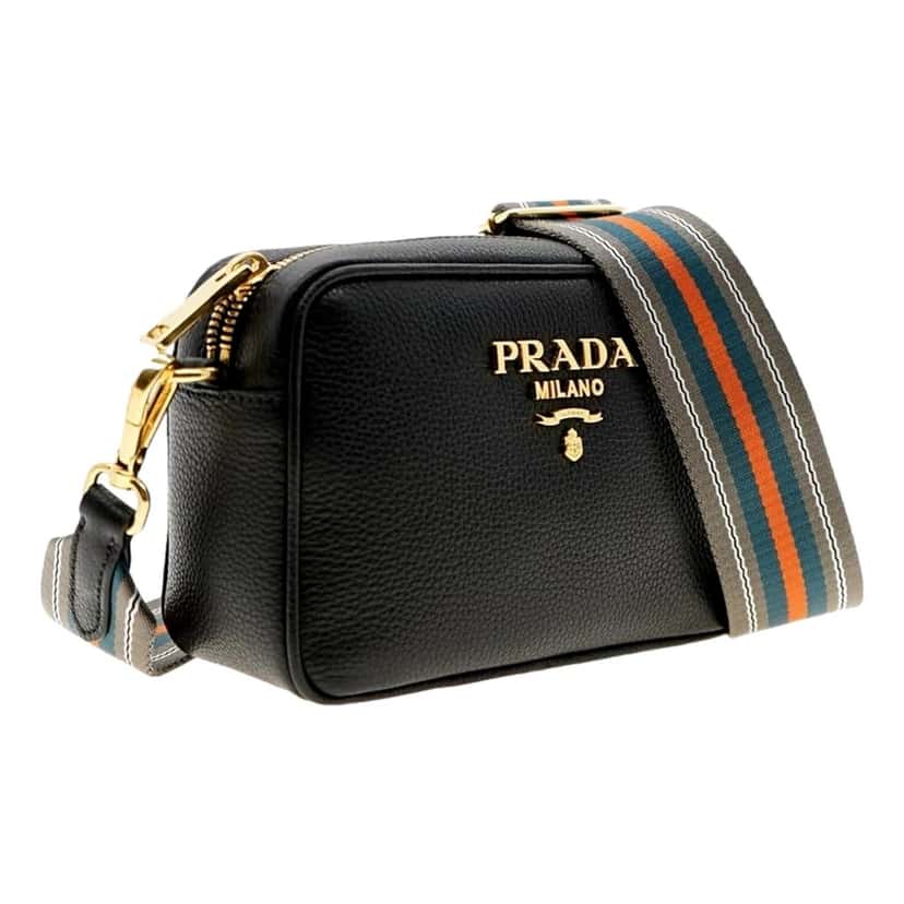 Prada Prada Vitello Phenix Leather Crossbody Bag in Black with Gold Hardware and Web Stripe Strap Black Leather Never worn - Back View
