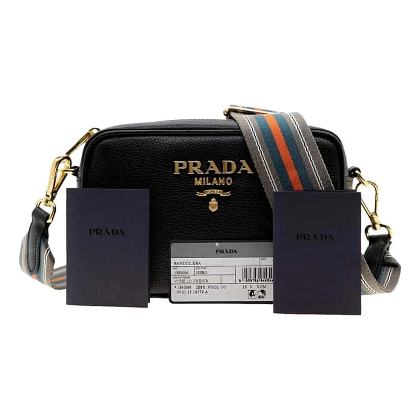 Prada Prada Vitello Phenix Leather Crossbody Bag in Black with Gold Hardware and Web Stripe Strap Black Leather Never worn - Model View