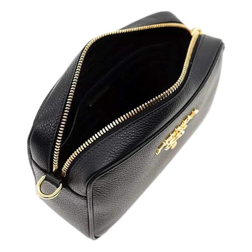 Prada Prada Vitello Phenix Leather Crossbody Bag in Black with Gold Hardware and Web Stripe Strap Black Leather Never worn - Box View