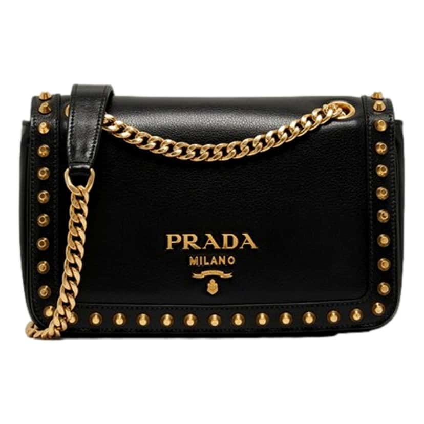 Prada Prada Pattina Black Glace Calf Leather Studded Flap Crossbody Bag Gold Chain Black Leather Never worn - Front View