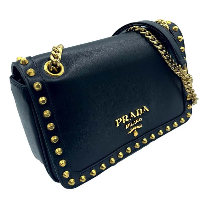 Prada Prada Pattina Black Glace Calf Leather Studded Flap Crossbody Bag Gold Chain Black Leather Never worn - Back View