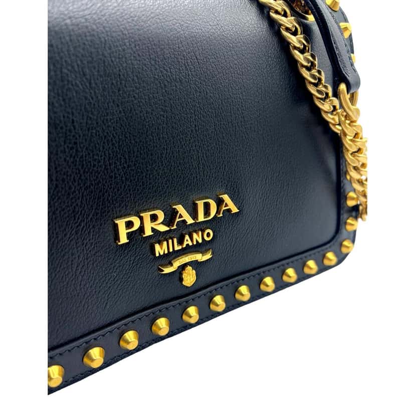 Prada Prada Pattina Black Glace Calf Leather Studded Flap Crossbody Bag Gold Chain Black Leather Never worn - Box View